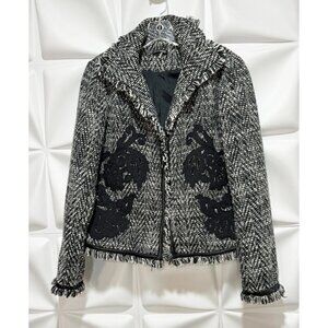 600 West Sz 8 Black White Tweed Fringed Applique Blazer Jacket